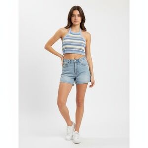 ALTAR'D STATE Womens Halter Top S Striped Blue White Yellow Knit Halter Neck